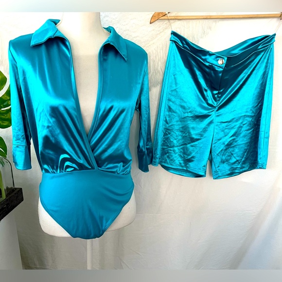 Blue/Teal Satin Short & Bodysuit Set - Picture 1 of 5